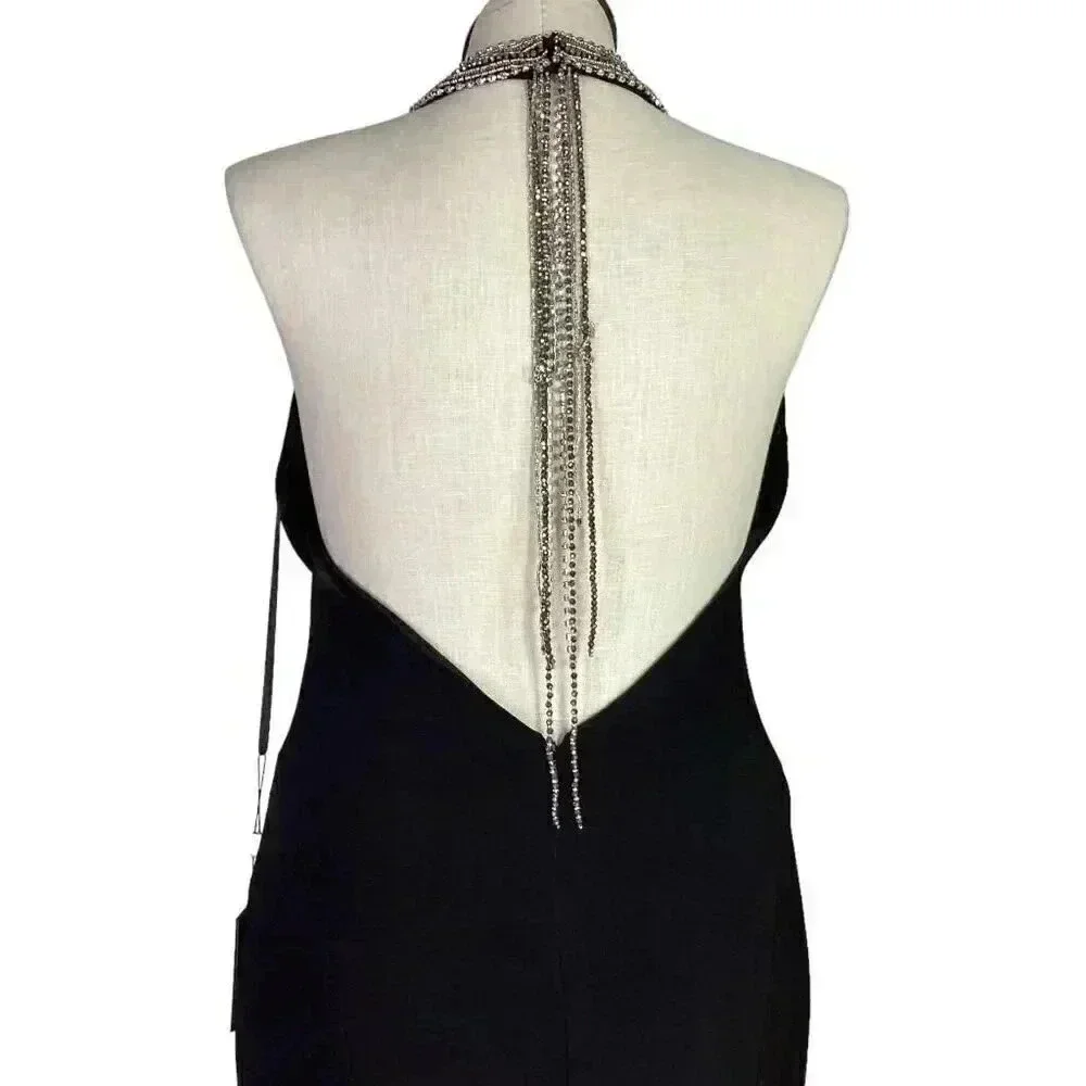 Mac Duggal Body Con Gown Dress Womens 12 Black Beaded Halter Jersey Maxi NEW
